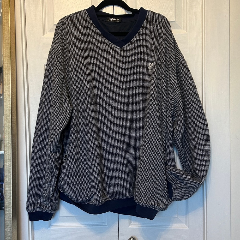 Vintage Ashworth Made in USA Men's Navy Houndstooth V-Neck Golf Sweater Oversize